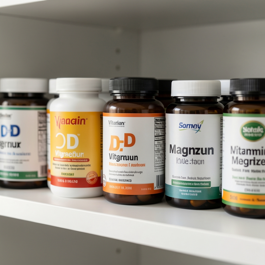 Close-up of multiple supplement containers including vitamin D and magnesium on a clean white shelf, soft natural light, editorial product composition
