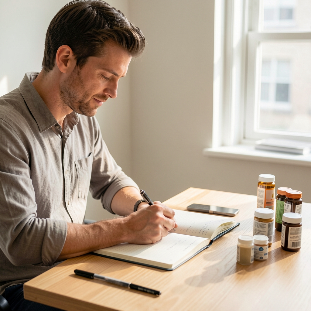 Man journalling at a clean wooden desk in soft morning light with an open notebook and supplement containers visible, editorial documentary composition