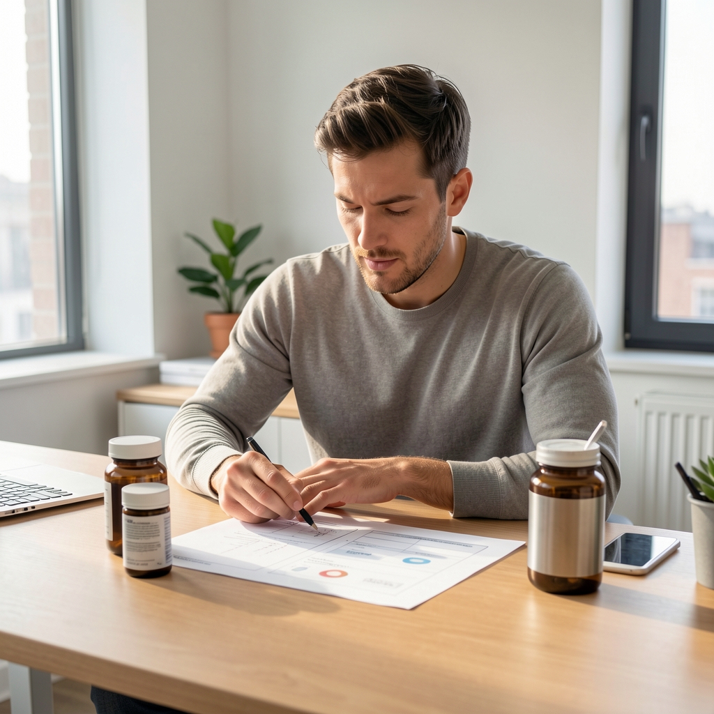 Active man in a clean modern workspace reviewing a daily supplement layout on a wooden desk, early morning light, editorial composition